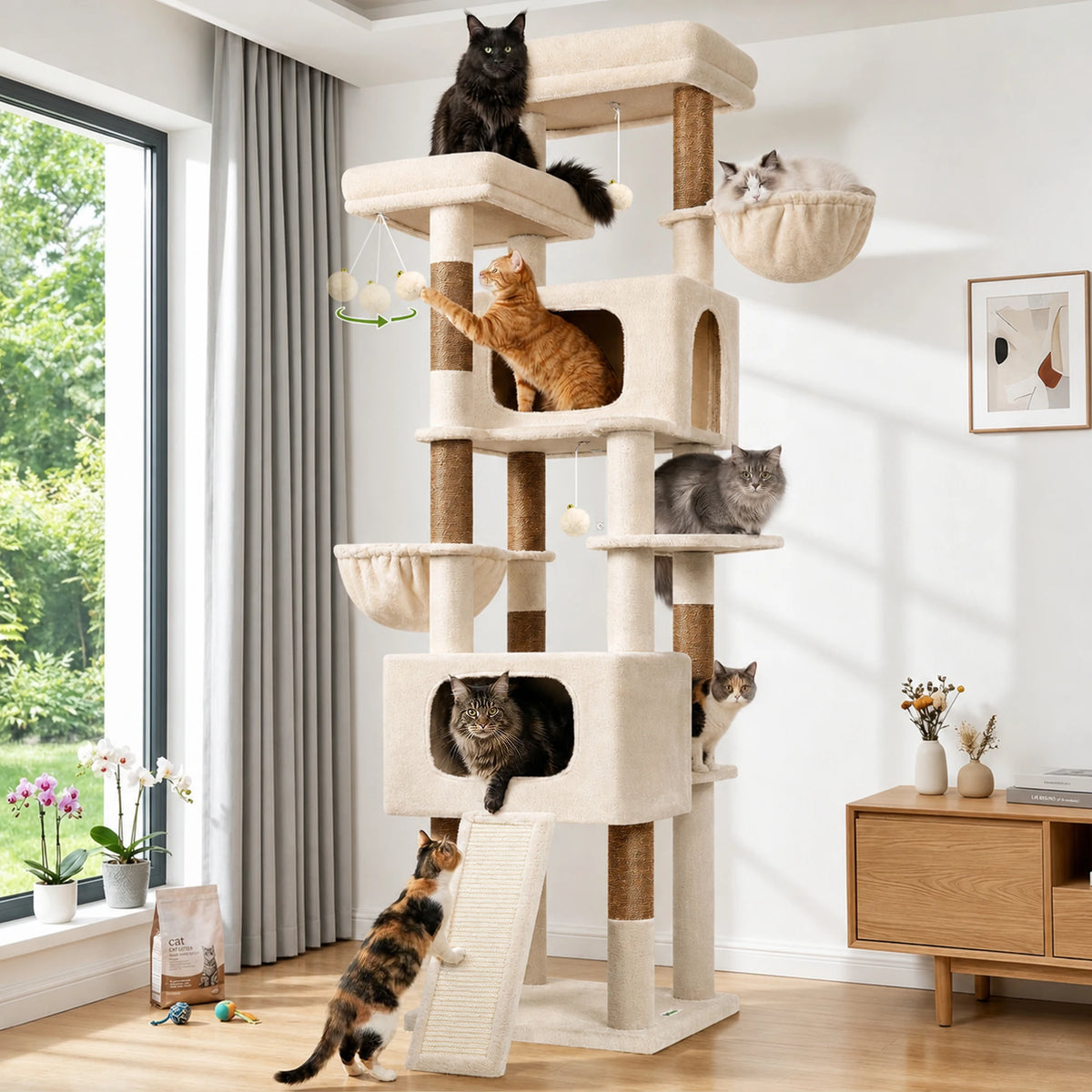 Globlazer 77" Large Cat Tree Tower for Indoor Cats, Multi-Level Cat Climbing Activity Center with 2 Condos, 2 Hammocks, Scratching Posts