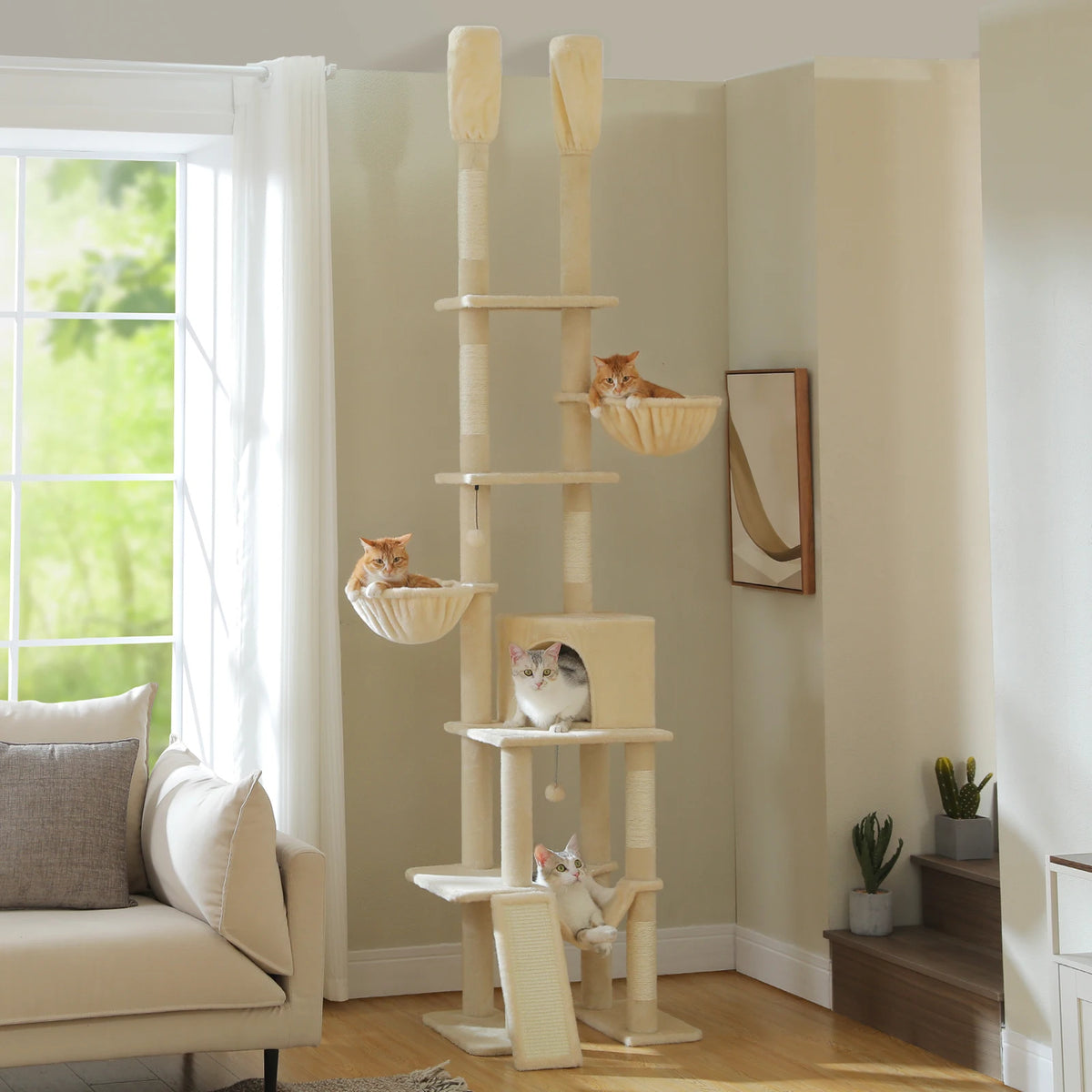 Cactus Cat Tree Floor To Ceiling Tower With Hammocks And Condos