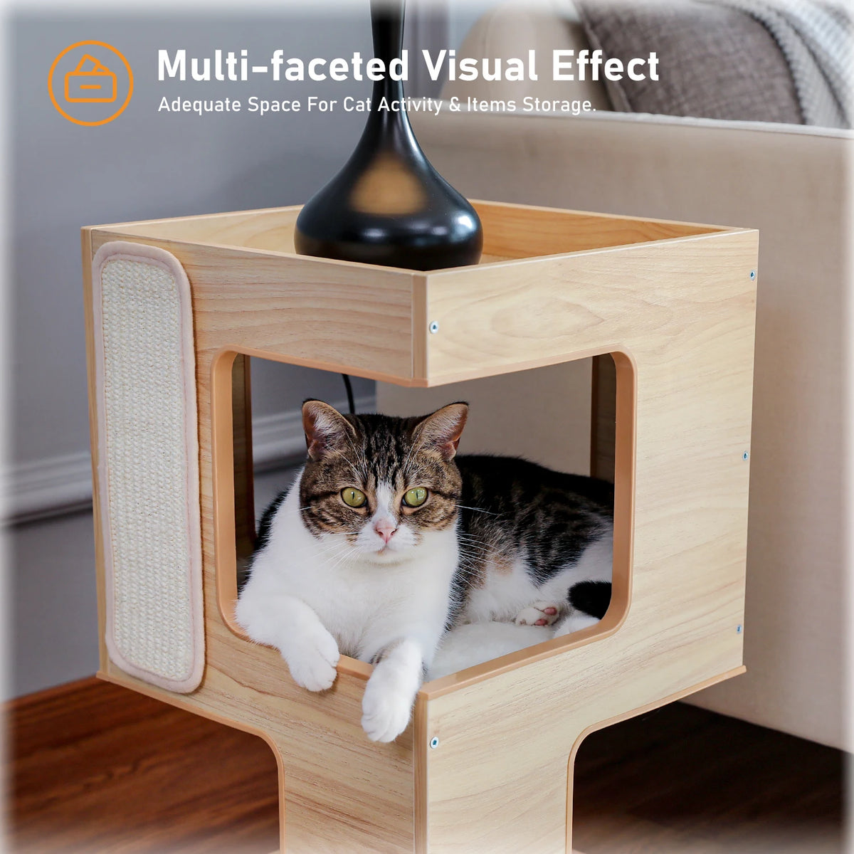 Modern Wood Cat Condo House With Removable Mats And Scratching Post