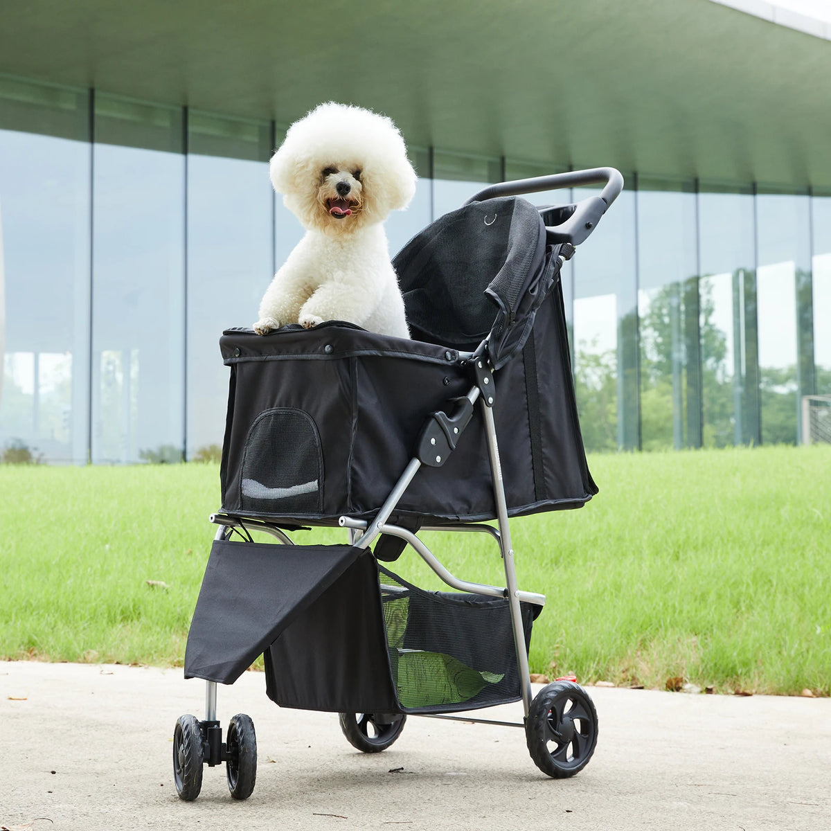 Foldable Three Wheel Pet Stroller With Mesh Windows And Storage Basket