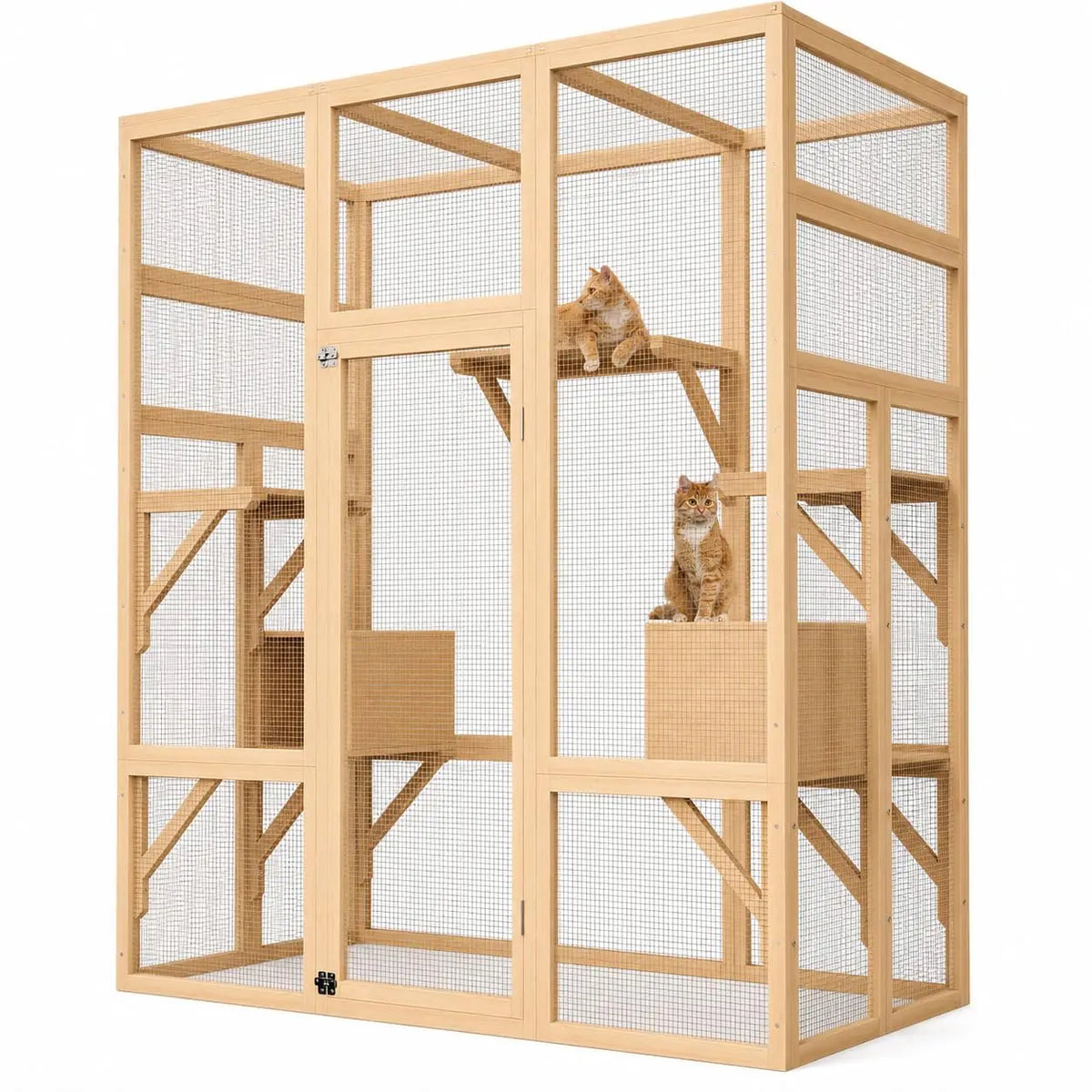 Outdoor Wooden Cat Enclosure With Weatherproof Roof And Multi Level Perches