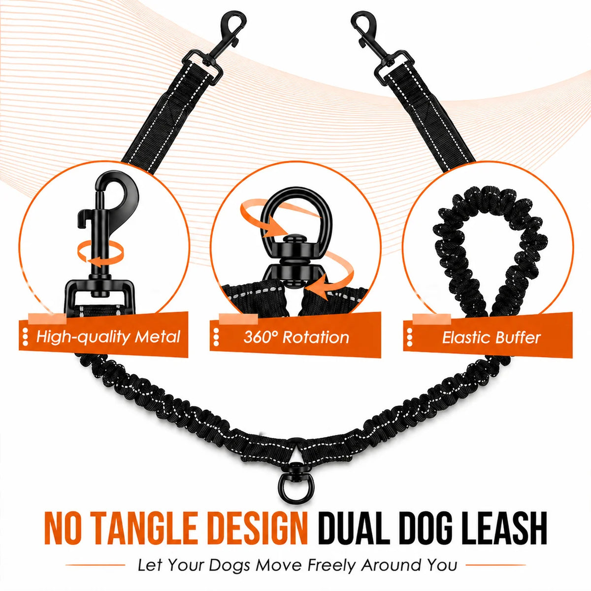 Reflective Double Dog Leash With Two Handles Non Tangle Shock Absorbing