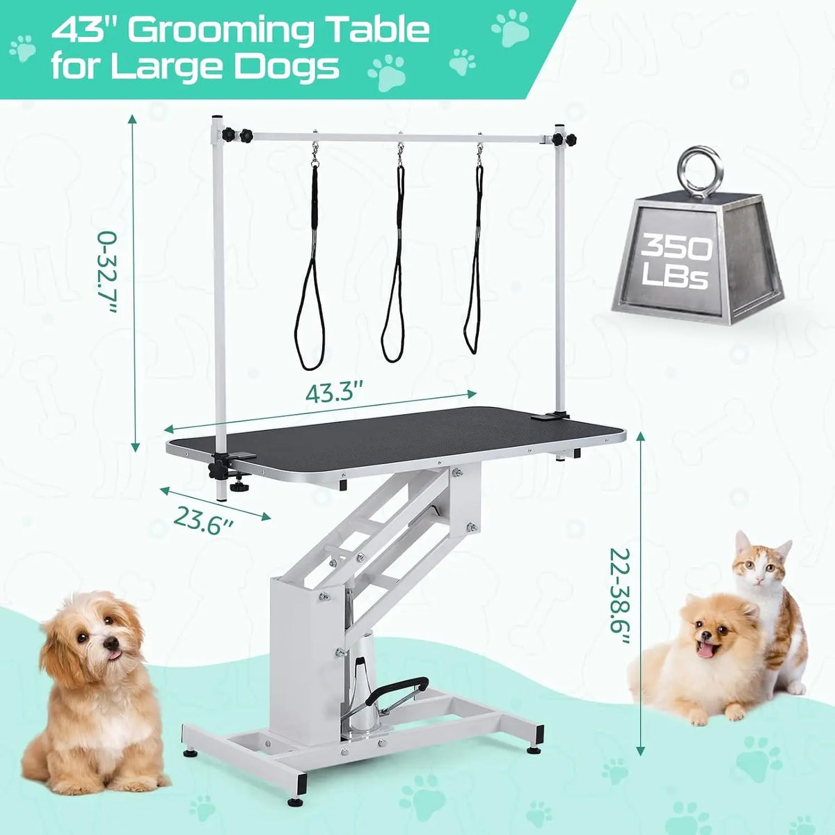 43.3" Electric Pet Grooming Table 350 LBS Heavy Duty Dog Grooming Arm  for Large Dog Salon-Grade Pet Height Adjustable Grooming Station Slip Tabletop