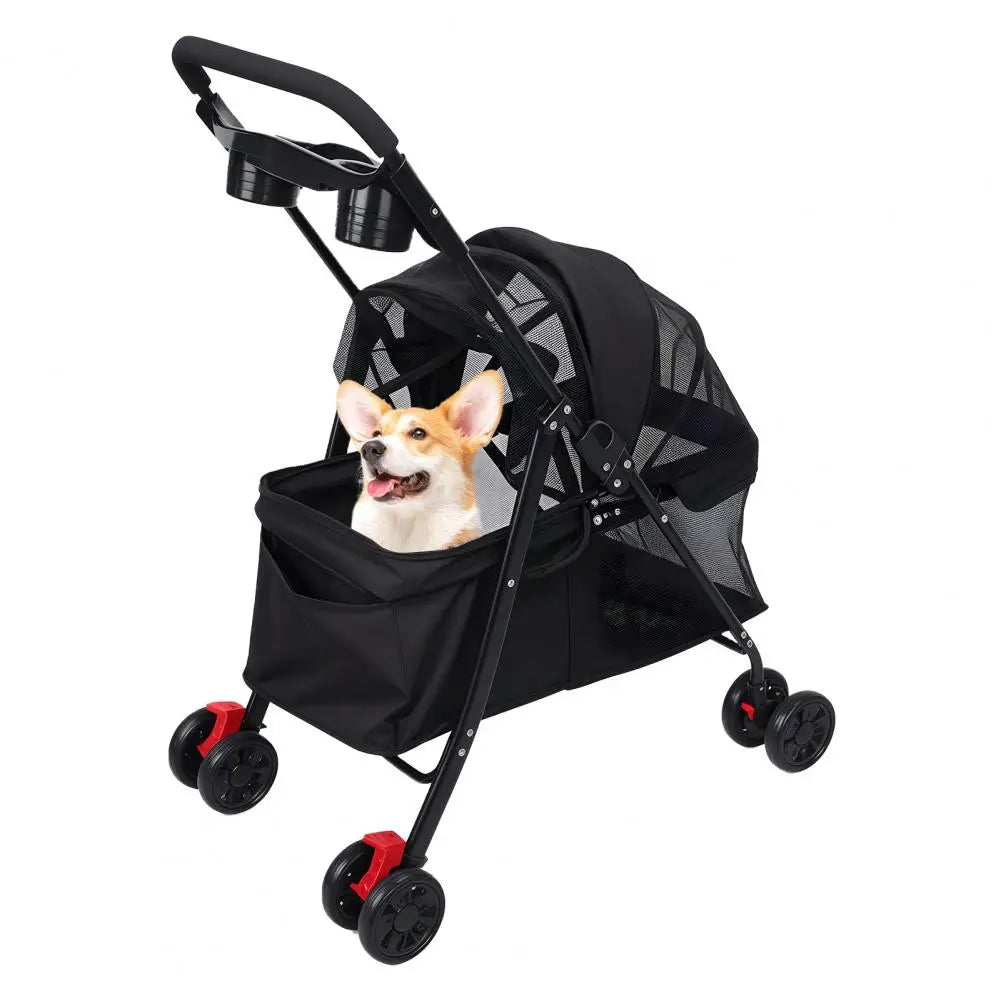 Puppy Carrier, Visible Window Breathable Mesh 4 Wheels Dog Cat Stroller, Outdoor Travel Pet Folding Stroller With Cup Holder
