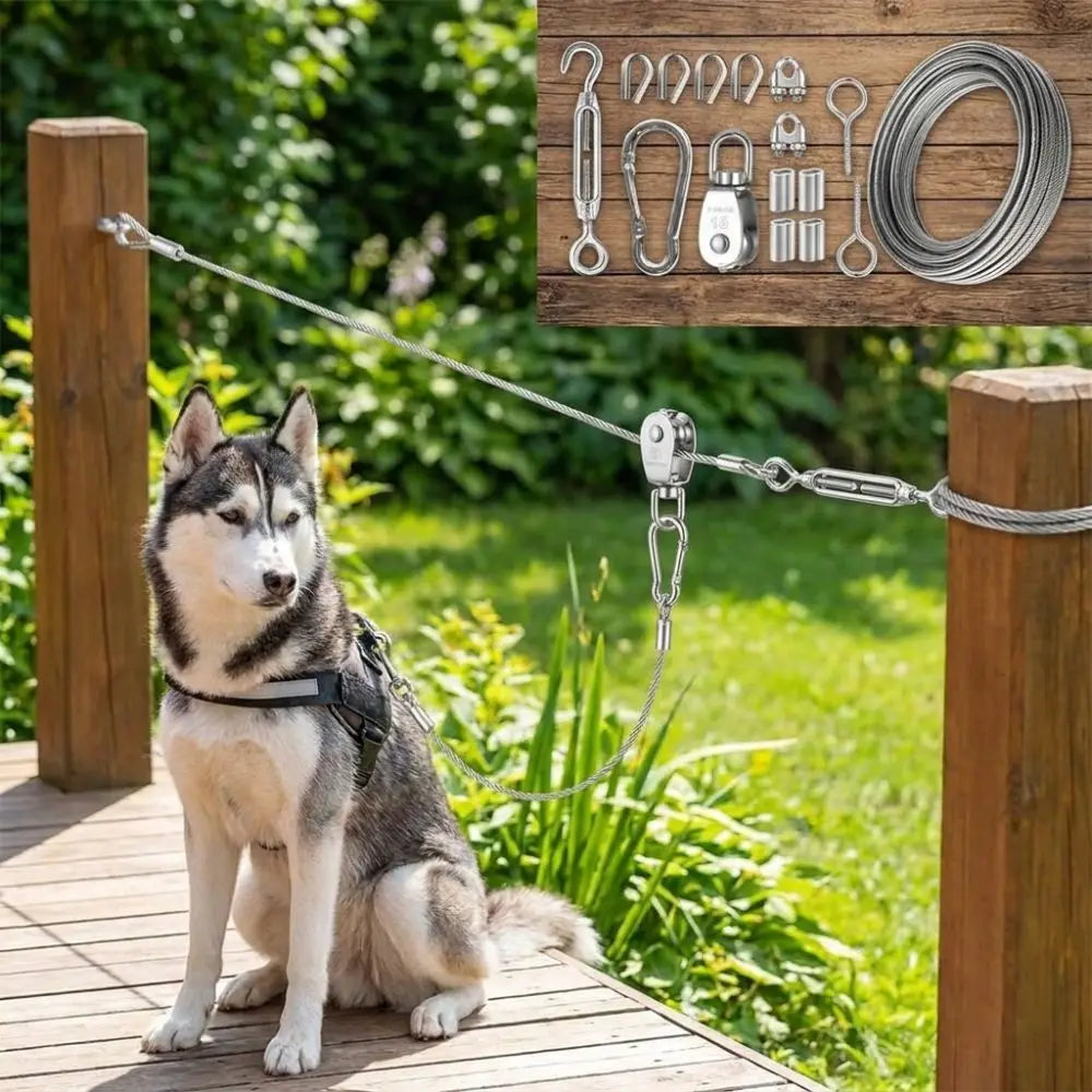 Outdoor Dog Tie Out Cable System With Rust Resistant Metal Trolley