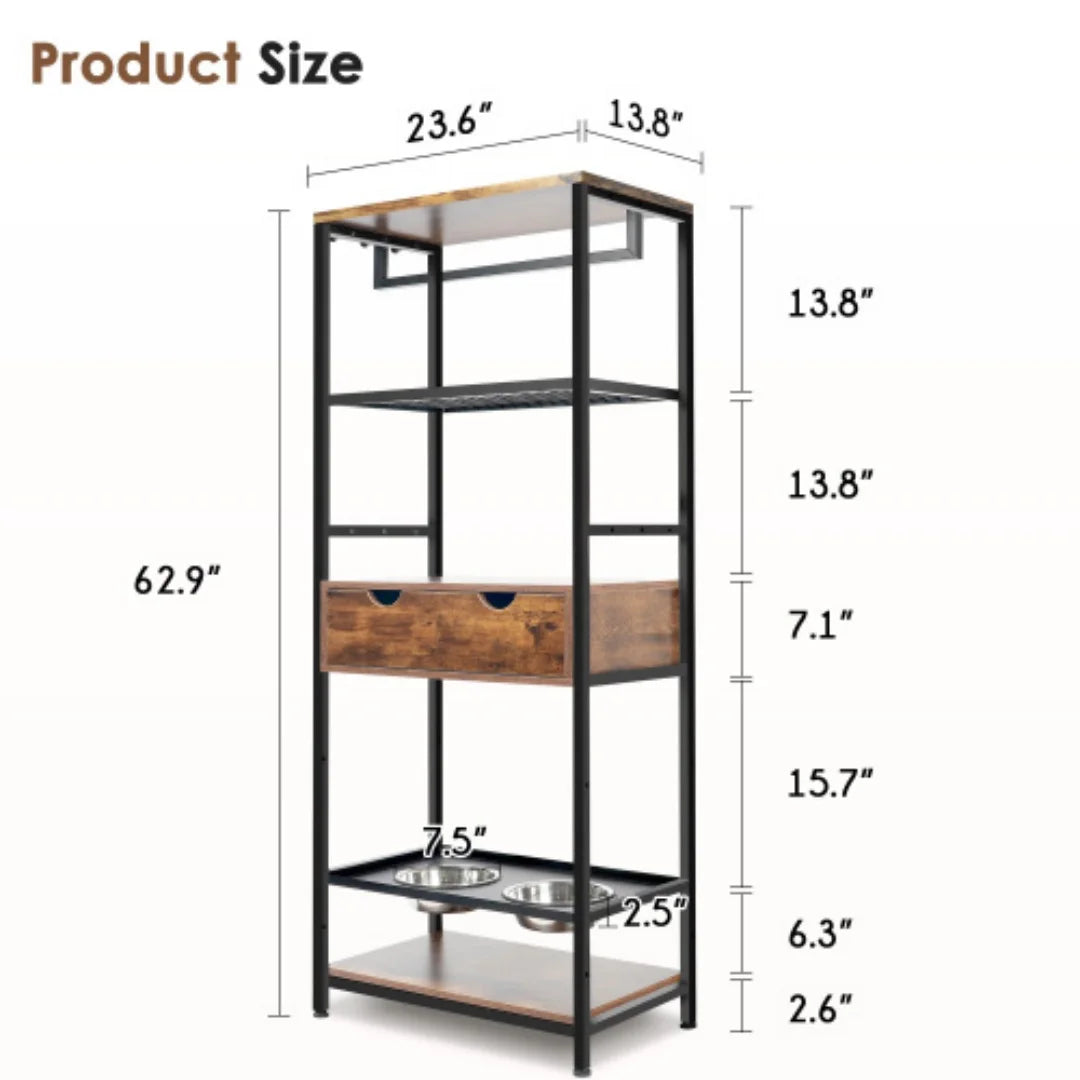 Dog Feeding Station with Storage, 3 Height Adjustable Elevated Dog Bowls Stand with Drawers & Shelves, Stainless Steel Raised Feeder for Large Medium Dogs Cats, Pet Food Cabinet for Home