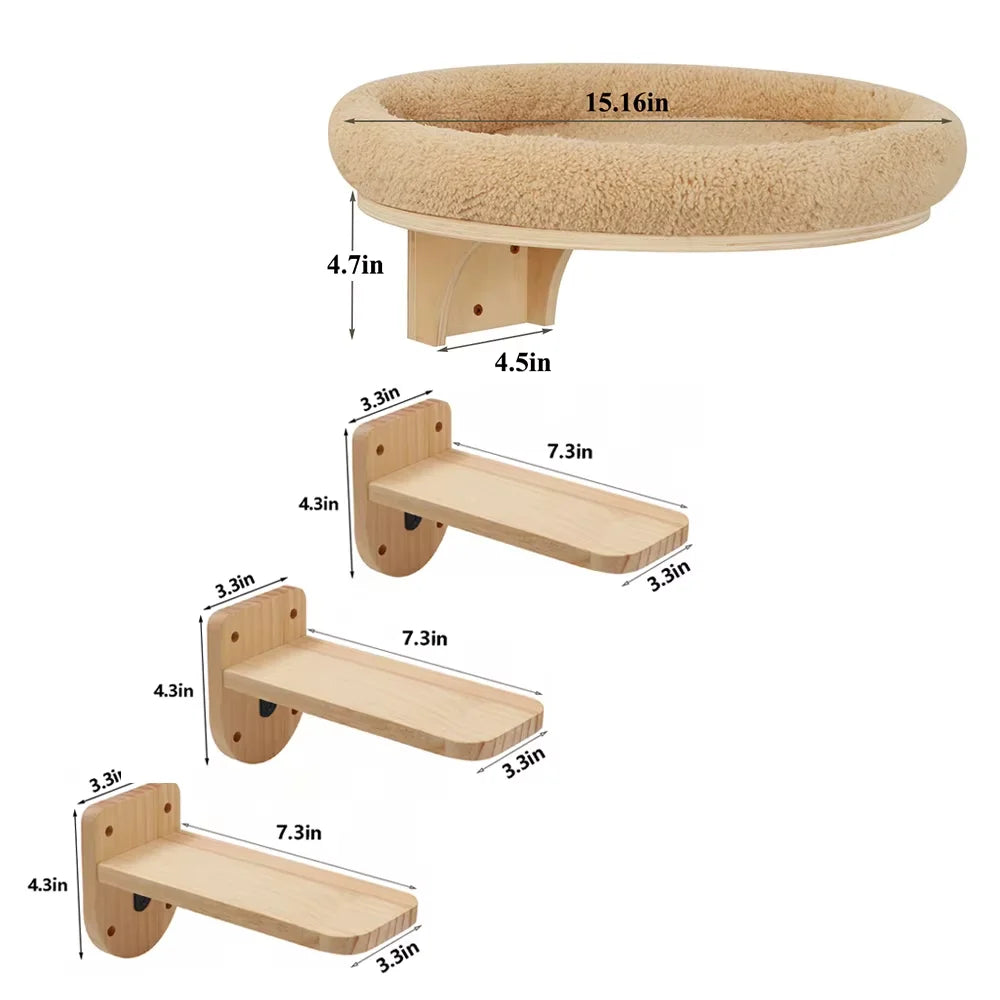 Wall Mounted Solid Wood Cat Shelf With Ladder Hammock And Scratch Post