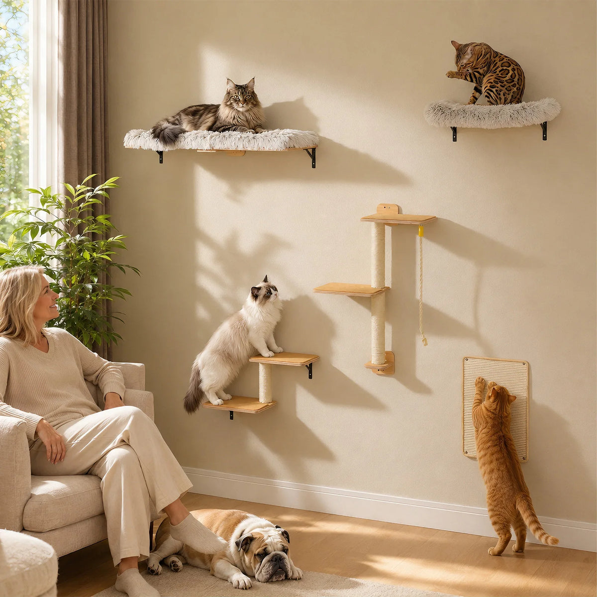 Modern Wooden Cat Wall Climbing Shelves With Sisal Scratching Posts