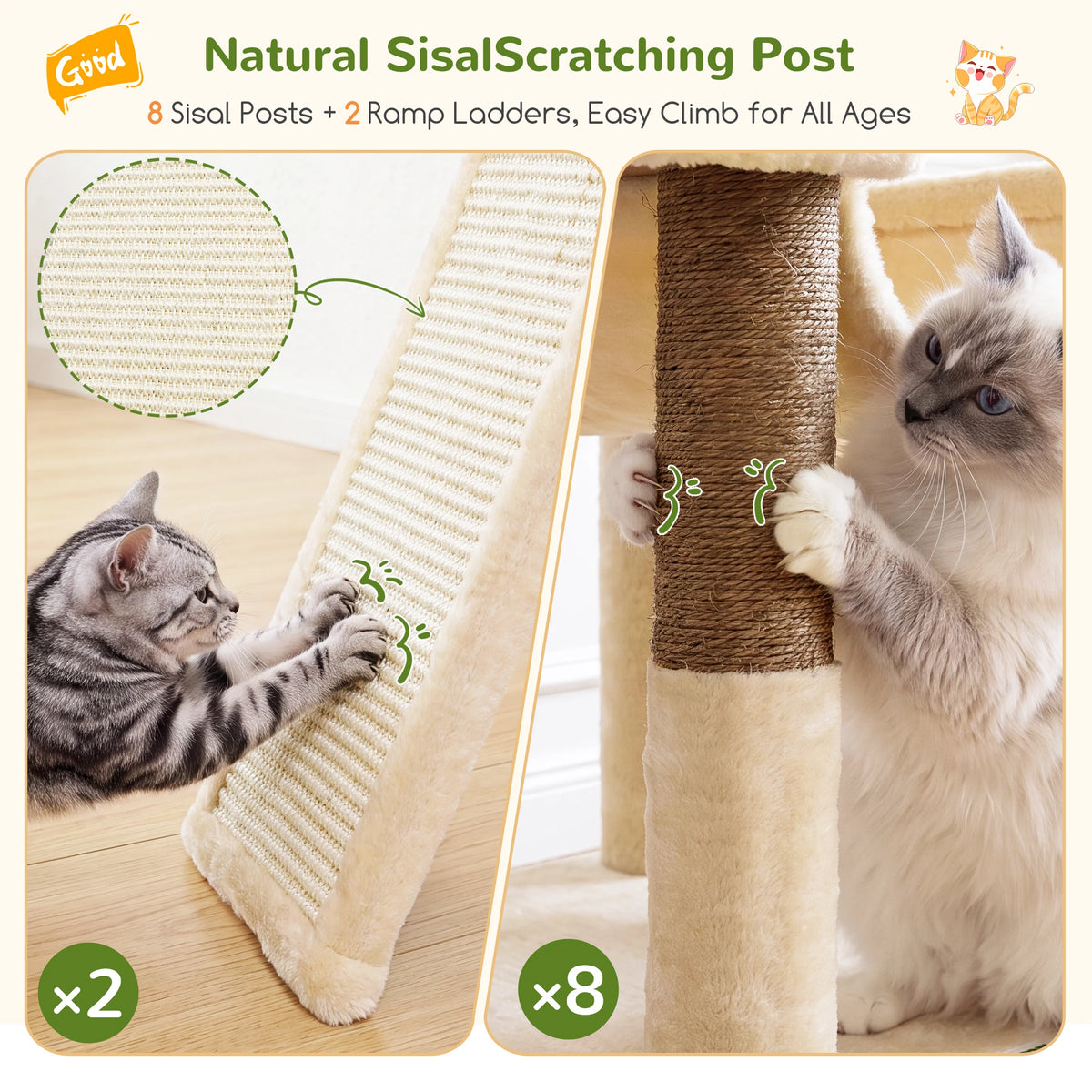 75 Inch Tall Cat Tree for Large Adult Cats, Sturdy Cat Tower with Condos, Hammocks, Sisal Scratching Posts and Boards Multi-Level