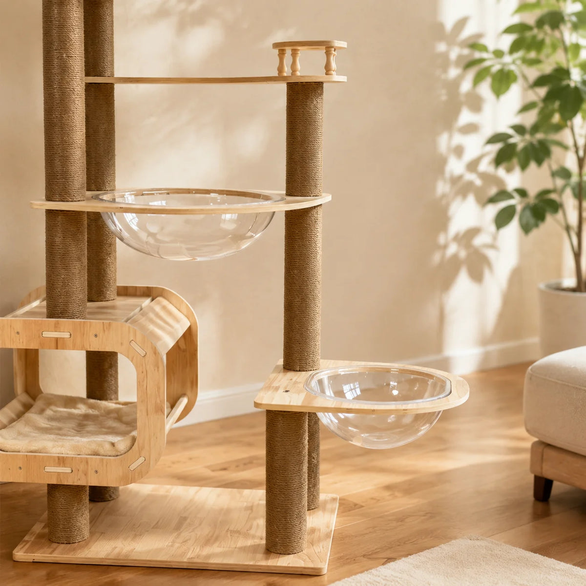 68.3 inch Multi-Level Wooden Cat Tree Tower with Moon Hammock, Sisal Scratching Posts, Clear Acrylic Bowl Beds and Cozy Cat Condo for Indoor Cats