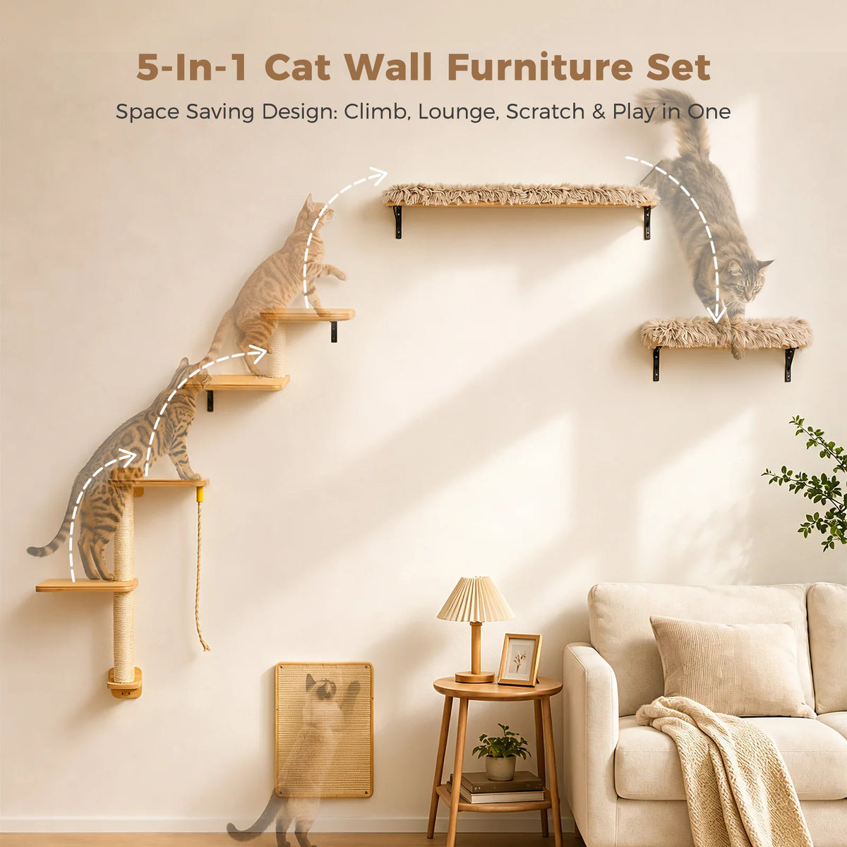 Modern Wooden Cat Wall Climbing Shelves With Sisal Scratching Posts