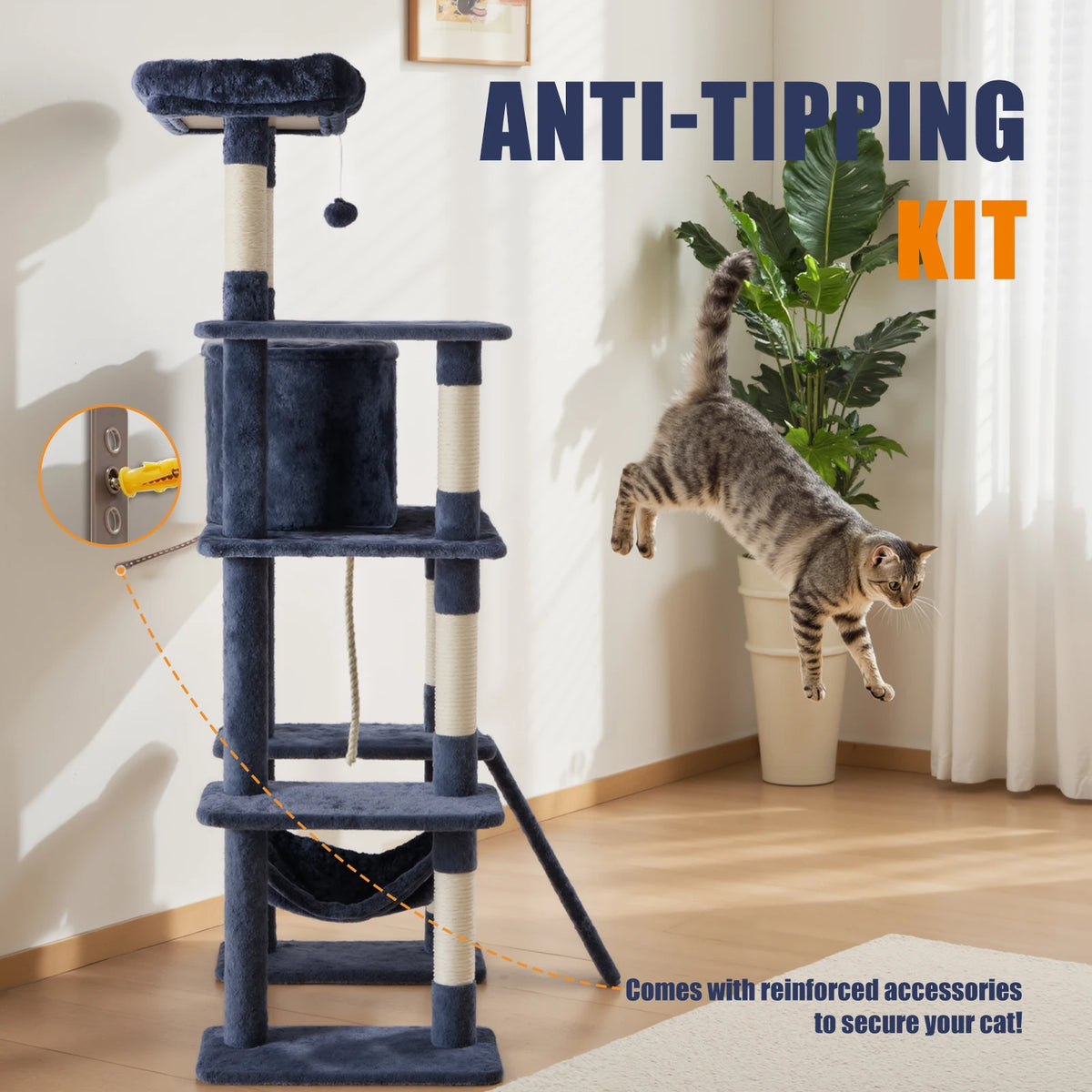 Tall Wood Multi Cat Tree Natural Sisal Posts Sturdy Base
