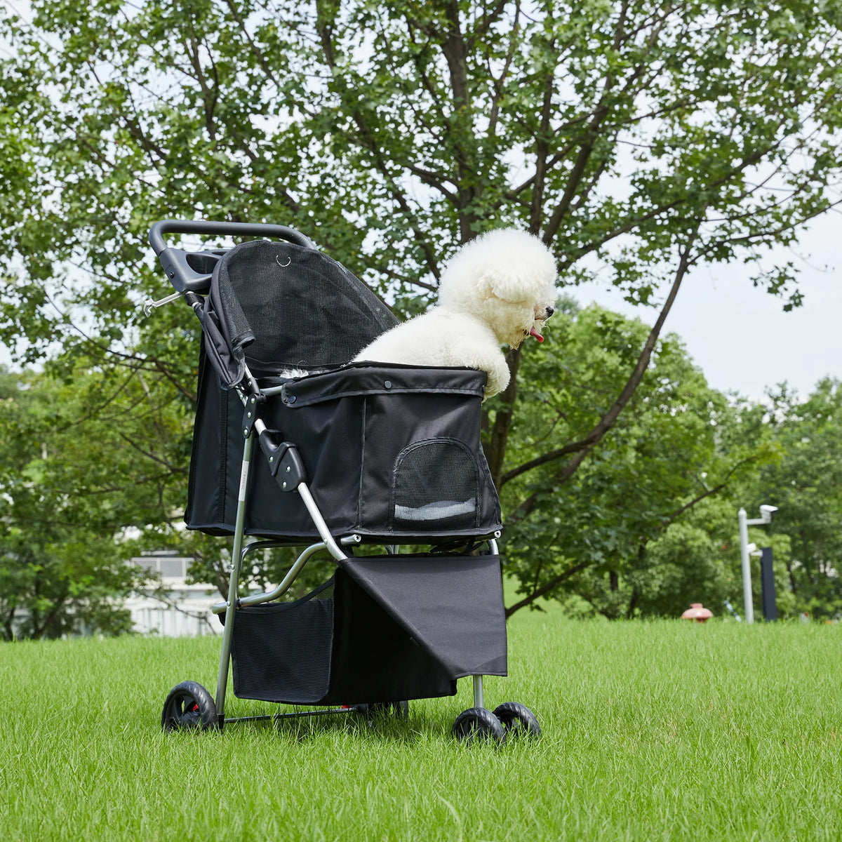 Foldable Three Wheel Pet Stroller With Mesh Windows And Storage Basket