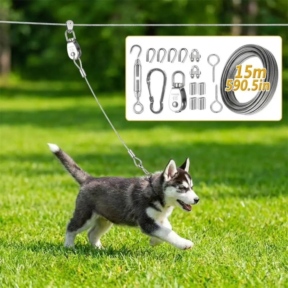 Outdoor Dog Tie Out Cable System With Rust Resistant Metal Trolley