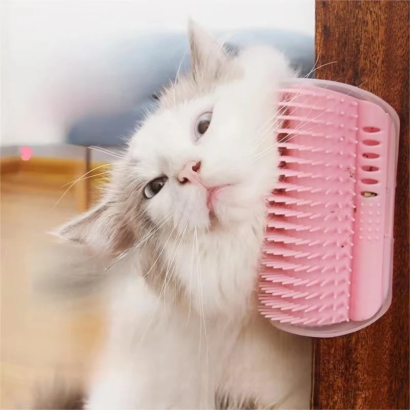 Premium Corner Cat Scratcher And Grooming Brush Comb With Catnip For Hair Care