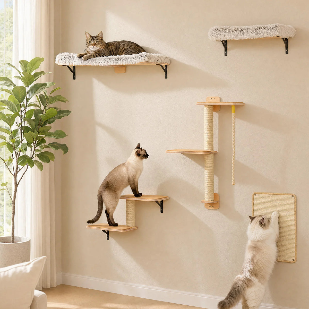 Modern Wooden Cat Wall Climbing Shelves With Sisal Scratching Posts