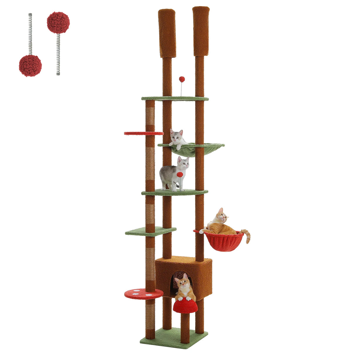 Height Adjustable Wooden Cat Tree With Hammock And Sisal Scratching Posts