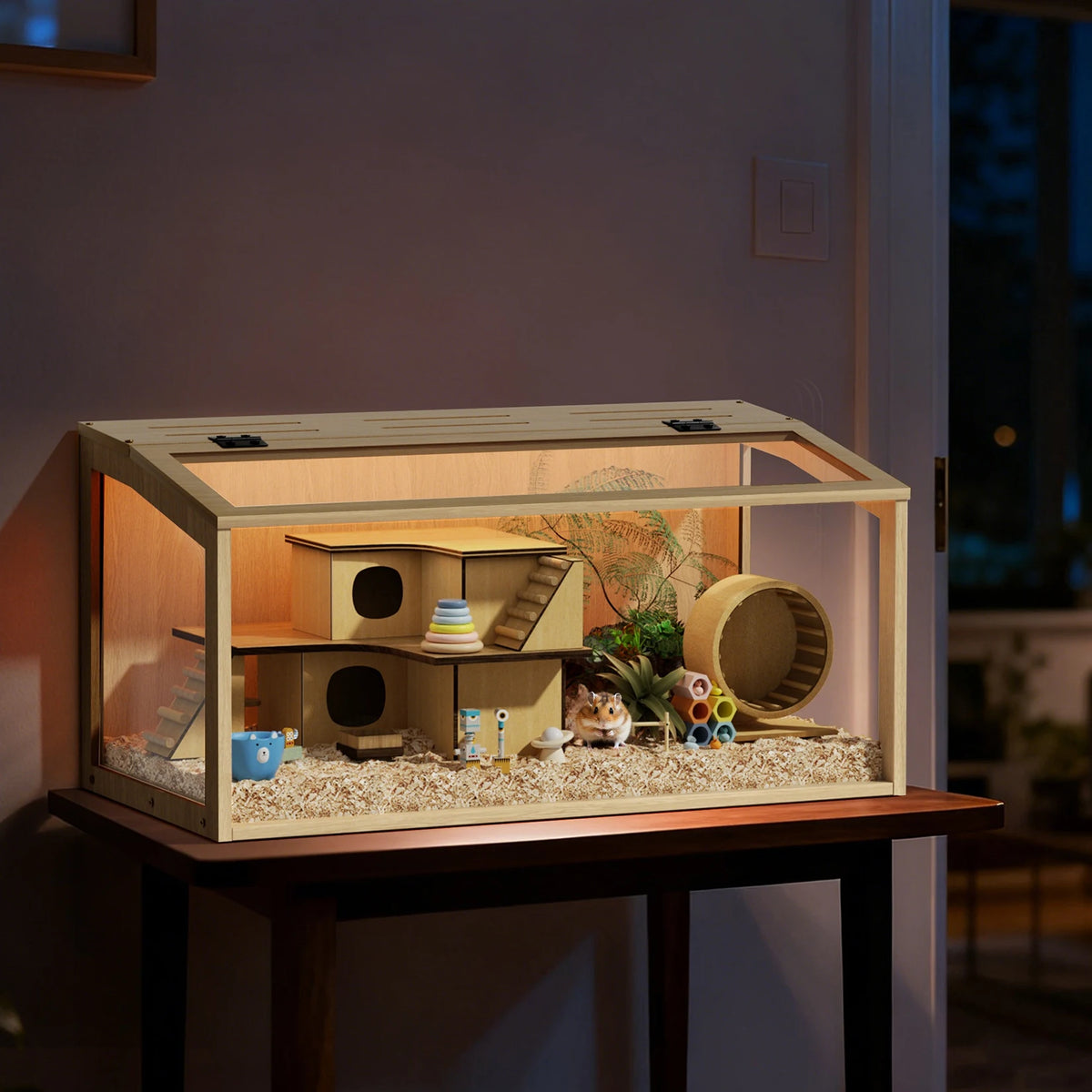Spacious Wooden Hamster Cage With Clear Glass And LED Lighting