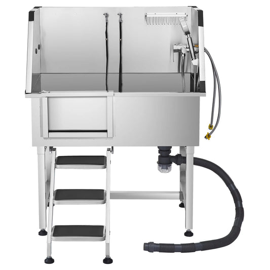 SucceBuy Stainless Steel Dog Washing Station 38in Pet Grooming Tub w/ Storage Stairs Faucet & Showerhead&Soap Holder Dog Bathtub