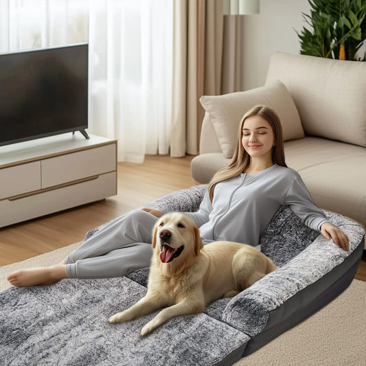 Foldable Orthopedic Human Pet Bed With Removable Plush Bolster