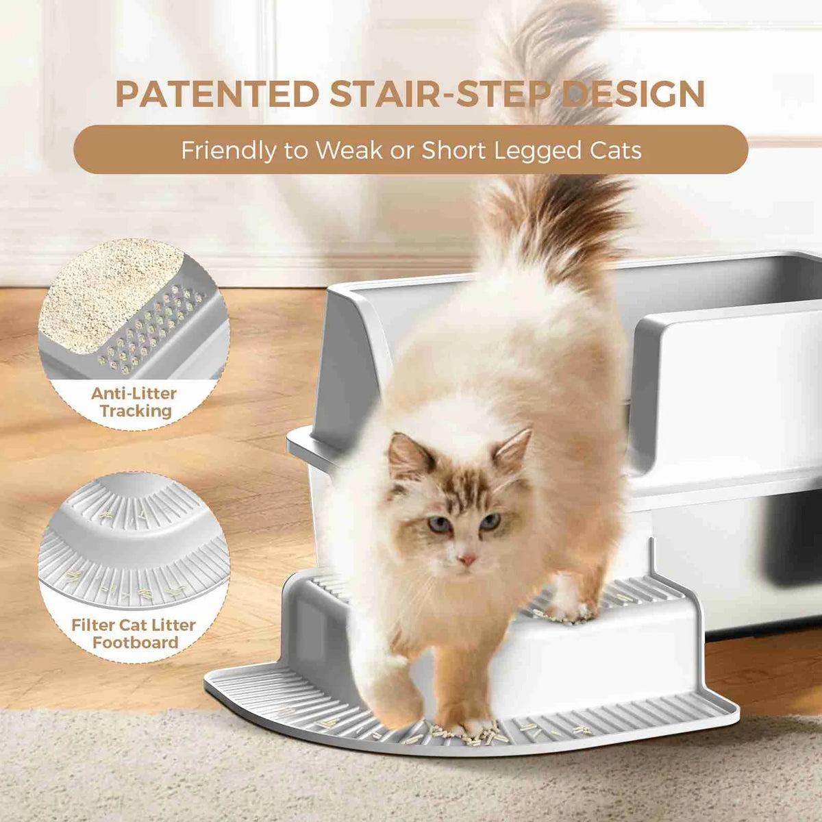 Stainless Steel Semi Enclosed Cat Litter Box With Ladder Walkway And Scoop