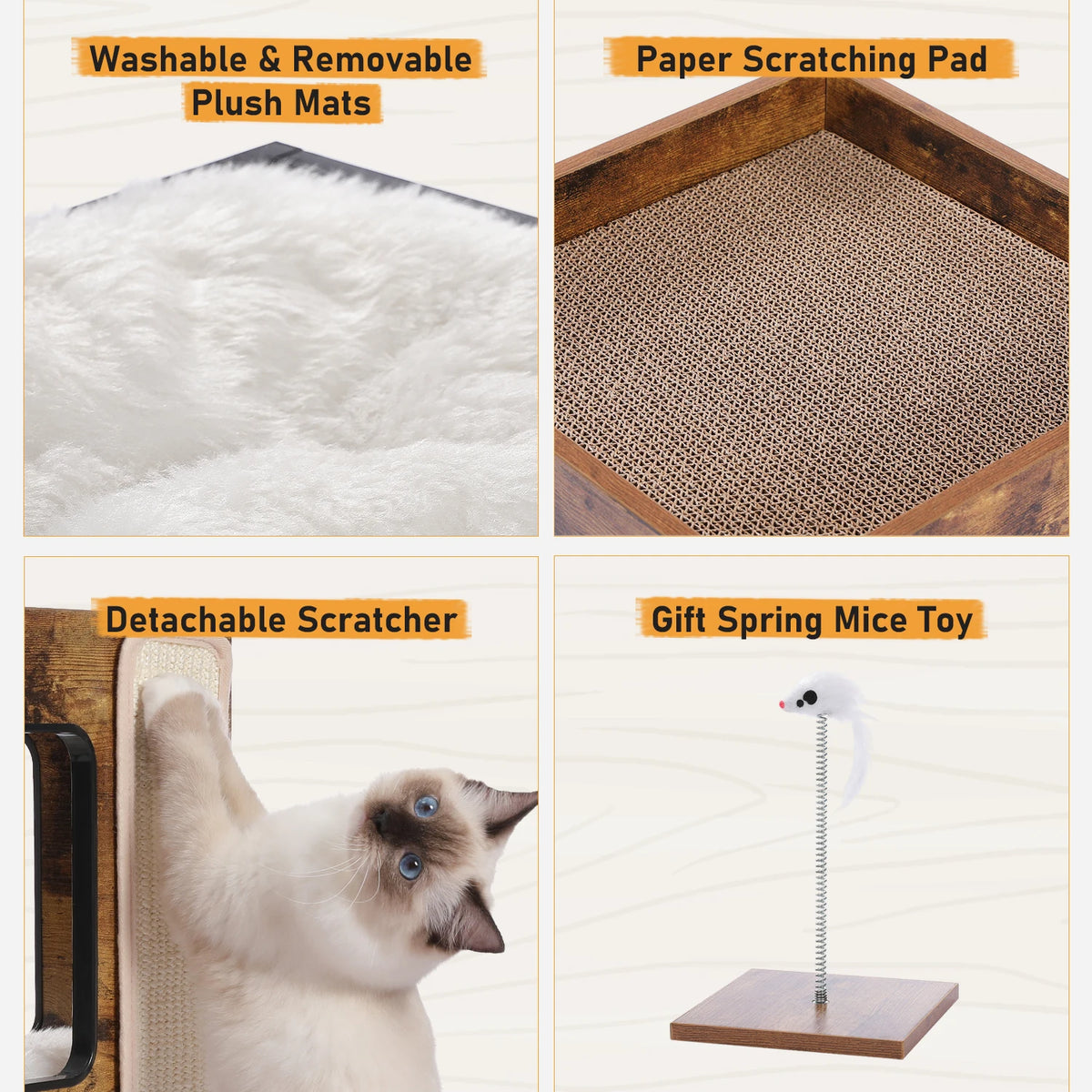 Modern Wood Cat Condo House With Removable Mats And Scratching Post