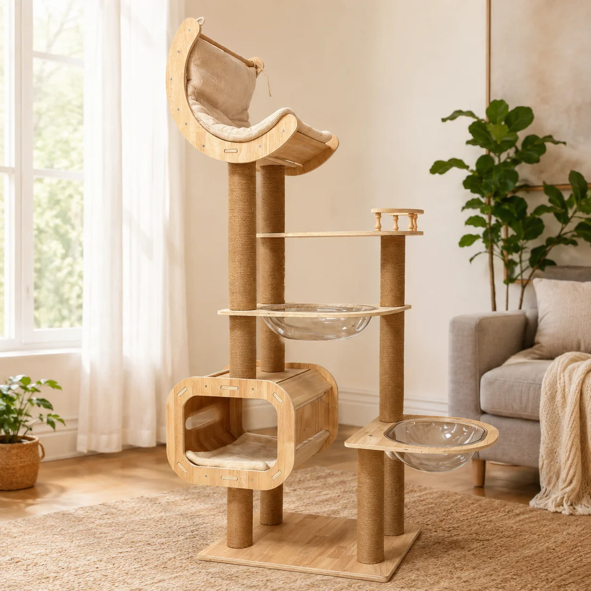 68.3 inch Multi-Level Wooden Cat Tree Tower with Moon Hammock, Sisal Scratching Posts, Clear Acrylic Bowl Beds and Cozy Cat Condo for Indoor Cats
