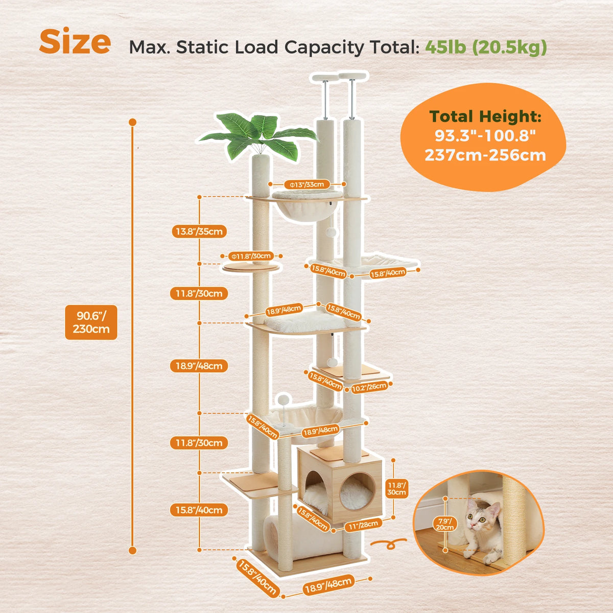 Height Adjustable Wooden Cat Tree With Hammock And Sisal Scratching Posts