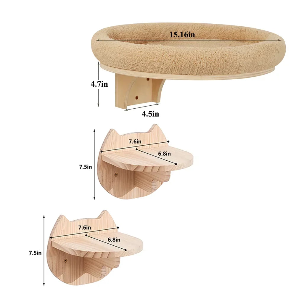 Wall Mounted Solid Wood Cat Shelf With Ladder Hammock And Scratch Post