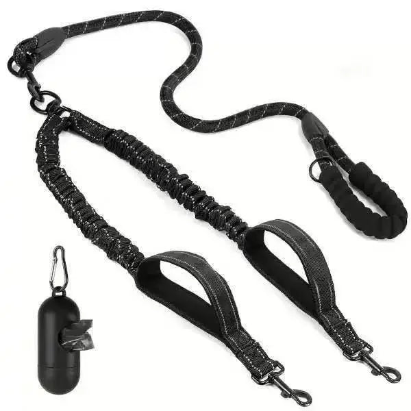 Reflective Double Dog Leash With Two Handles Non Tangle Shock Absorbing
