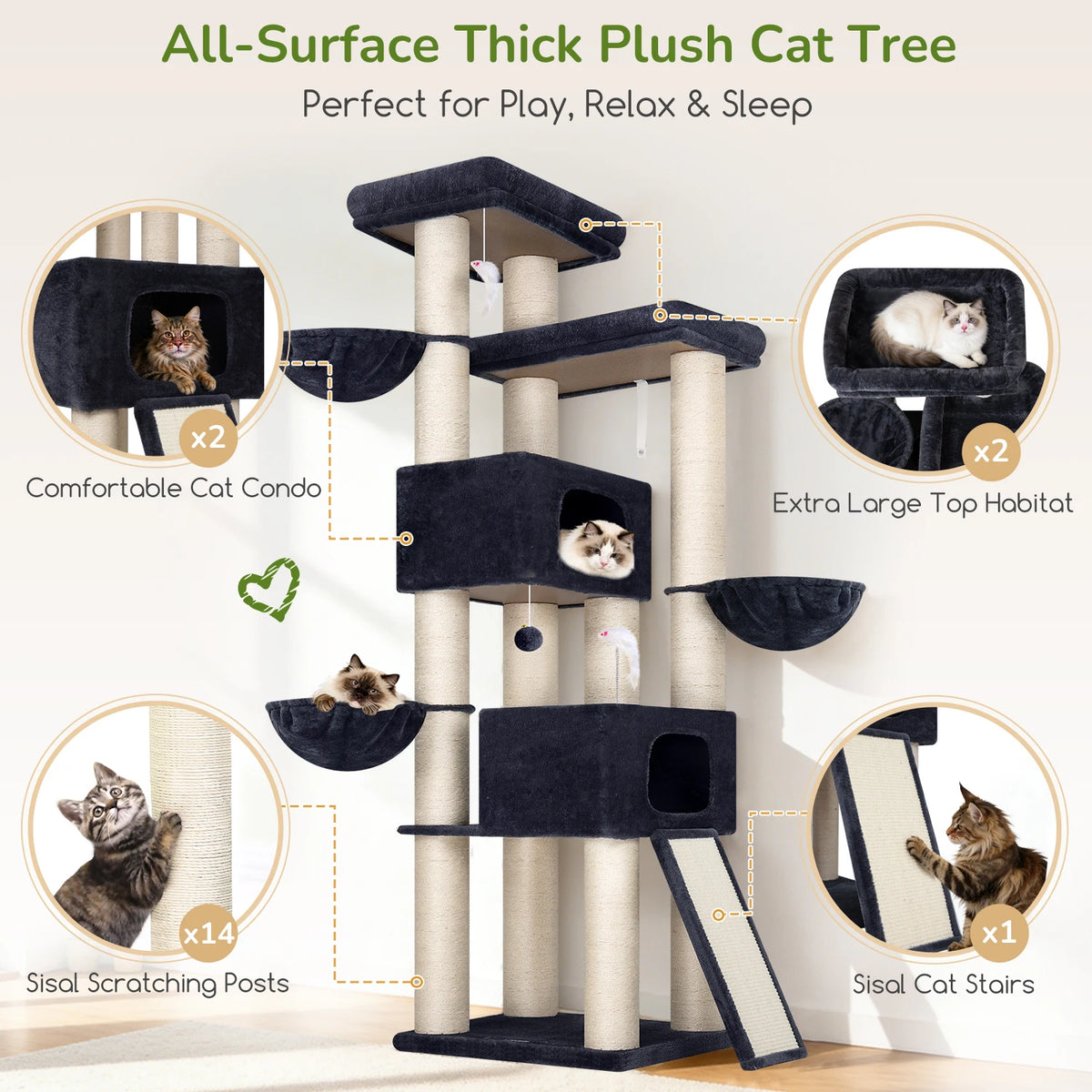 Globlazer 84 Inch Extra Large Cat Tree for Large Cats Multi-Level Big Cat Condo with 14 Sisal Scratching Posts 3 Hammocks Dark Grey