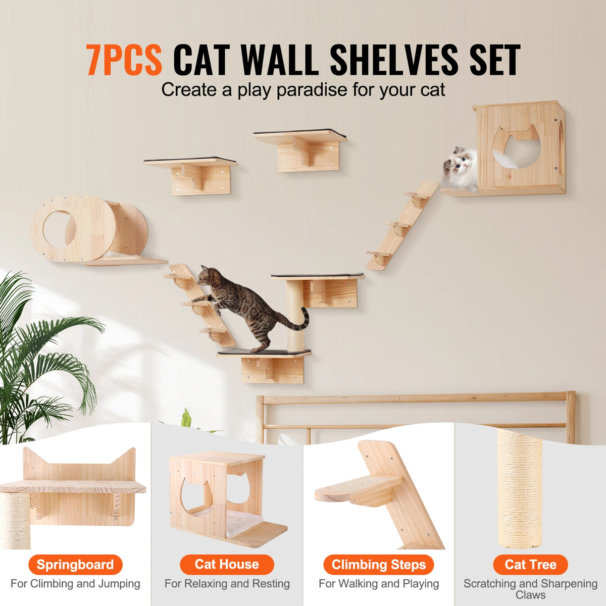 Dual Tier Wooden Wall Mounted Cat Shelves With Jumping Board Platform