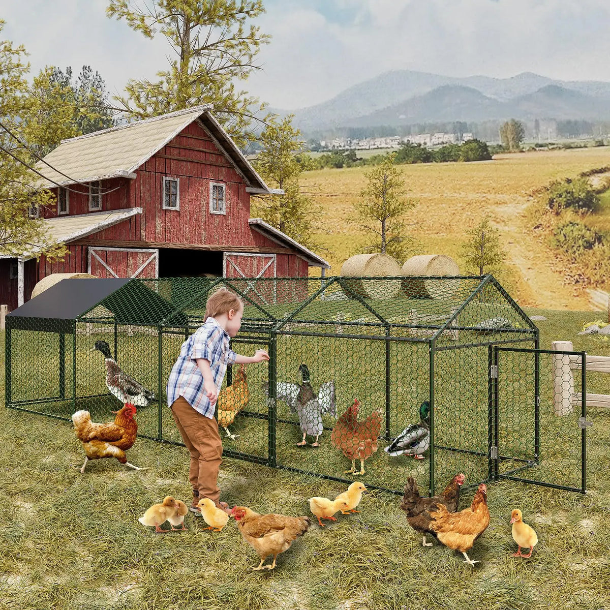 Outdoor Heavy Duty Metal Chicken Coop Walk In Run With Protective Cover