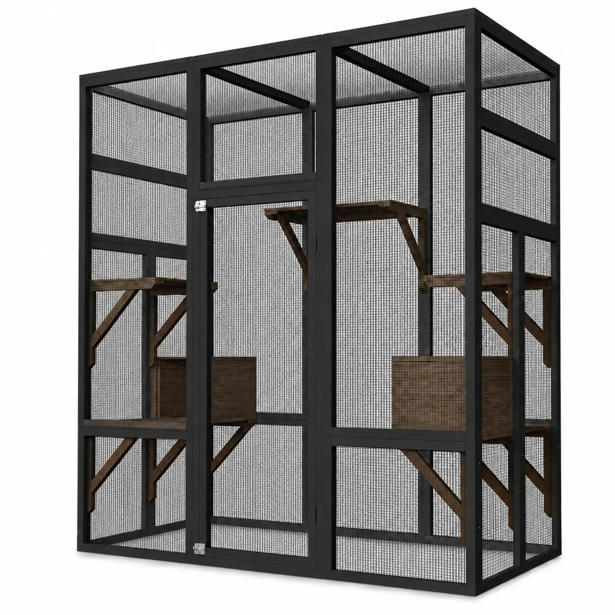 Outdoor Wooden Cat Enclosure With Weatherproof Roof And Multi Level Perches